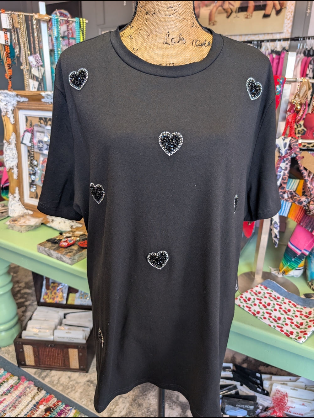 Women's Black Short-Sleeve Heart Embellished Tee